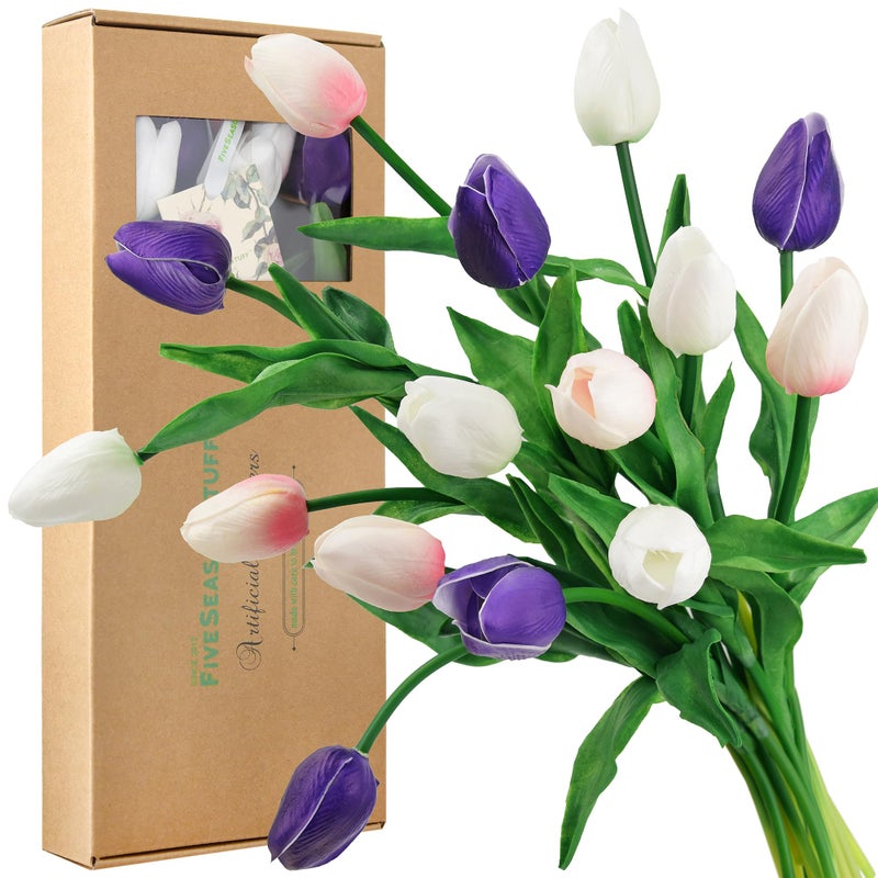 FiveSeasonStuff Real Touch Tulips Artificial Flowers â€“ 15 Stems Faux Tulip Bouquet in Gift Box for Wedding, Home Decor, Party, Floral Arrangements (Beyond Purple) - Image 1